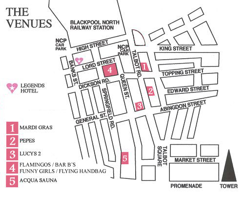 Location map for Legends Hotel showing the hotel's position with regards to some of Blackpool's gay venues